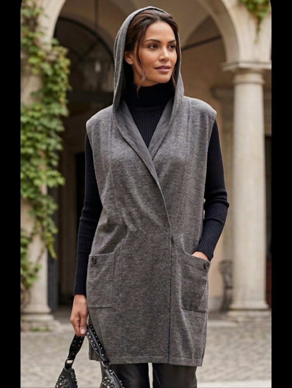 Marina Rinaldi Wool Blend Hooded Knit Gilet Vest Grey Long Shrug Sleeveless Made
